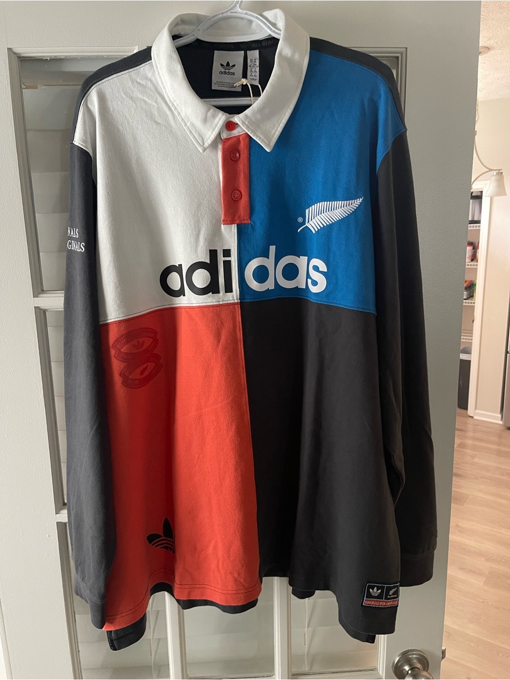 adidas Men’s Colorblock Rugby Polo — White/Blue/Orange /Black